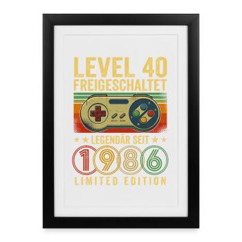 Level 40 Geburtstag Junge Gamer Mann Deko Jahrgang - Gerahmtes Poster (27 × 37 cm) - Schwarz - Vorne