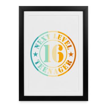 16e anniversaire garçon fille adolescente niveau 16 - Affiche encadrée (27 × 37 cm) - noir - Devant