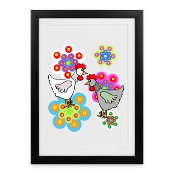 Poules Colorées, Poules Rétro, Enfants - Affiche encadrée (27 × 37 cm) - noir - Devant
