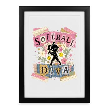Diva du softball de texte de collage fille - Affiche encadrée (27 × 37 cm) - noir - Devant