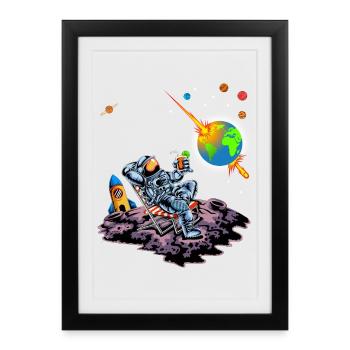 Astronaut Relaxing Earth Exploding Space Humor Art - Framed poster (27 × 37 cm) - black - Front