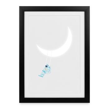 Astronaut Swinging on Crescent Moon Space Dream - Framed poster (27 × 37 cm) - black - Front