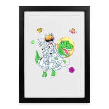 Astronaut Riding T-Rex Dinosaur in Outer Space Art - Framed poster (27 × 37 cm) - black - Front