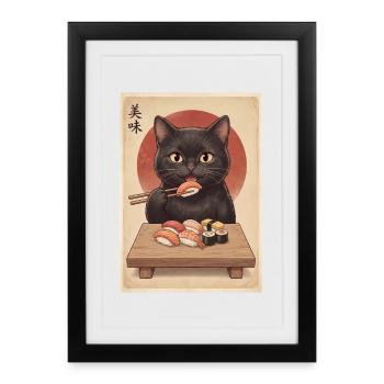 Katze sushi Retro - Gerahmtes Poster (27 × 37 cm) - Schwarz - Vorne