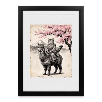 Le chat chevauche le lama - Affiche encadrée (27 × 37 cm) - noir - Devant