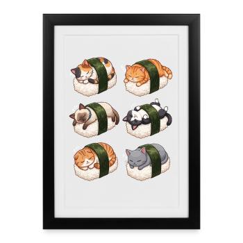 Kawaii Chat Sushi Nigiri Mignonne Neko Dormant - Affiche encadrée (27 × 37 cm) - noir - Devant