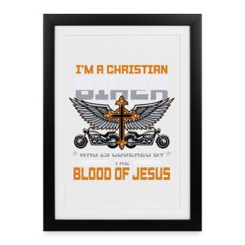 Biker chrétien couvert par Jesus Blood Design - Affiche encadrée (27 × 37 cm) - noir - Devant