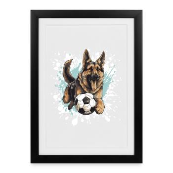 Berger allemand chien Football Sports - Affiche encadrée (27 × 37 cm) - noir - Devant