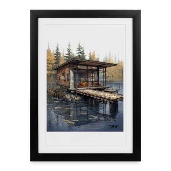 Lakeside Cabin at Dusk - Framed poster (27 × 37 cm) - black - Front