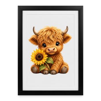 Vache des Highlands, bovins des Highlands, vache des Highlands, tournesol - Affiche encadrée (27 × 37 cm) - noir - Devant