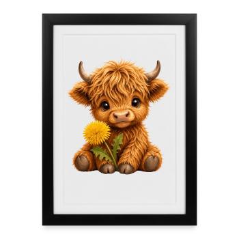 Bétail des Highlands, Vache des Highlands, Vache des Highlands, Pissenlit - Affiche encadrée (27 × 37 cm) - noir - Devant