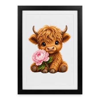 Vache des Highlands, vache des Highlands, bétail des Highlands, pivoines - Affiche encadrée (27 × 37 cm) - noir - Devant