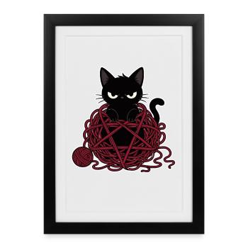 Chat noir dans une pelote de laine rouge - Affiche encadrée (27 × 37 cm) - noir - Devant