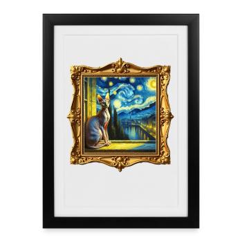 Sphynx Chat Nuit Étoilée - Affiche encadrée (27 × 37 cm) - noir - Devant