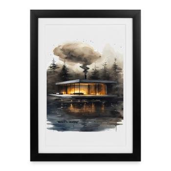 Cabane moderne éclairée par le feu sur le lac - Affiche encadrée (27 × 37 cm) - noir - Devant