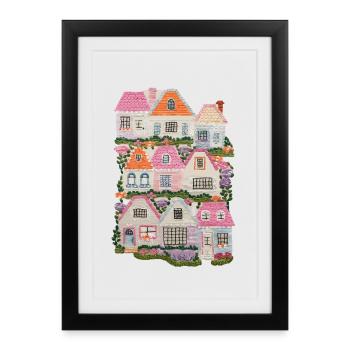 Colorful Houses with Flowers and Trees – Fairytale - Framed poster (27 × 37 cm) - black - Front