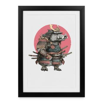 Samouraï sanglier en armure avec blason rose - Affiche encadrée (27 × 37 cm) - noir - Devant