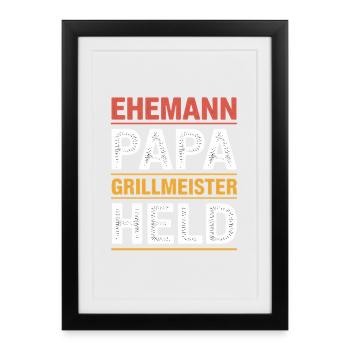 Héros Maître du Grill Papa pour le barbecue de la fête des pères - Affiche encadrée (27 × 37 cm) - noir - Devant