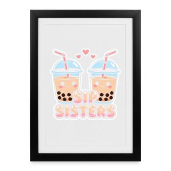 Sip Sisters Boba Tea Meilleures amies mignonnes au bubble tea - Affiche encadrée (27 × 37 cm) - noir - Devant