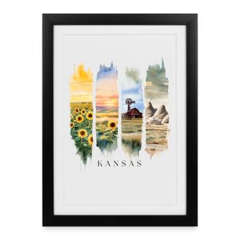 Kansas Vacation Travel – Sunflowers & Farm Motif - Framed poster (27 × 37 cm) - black - Front