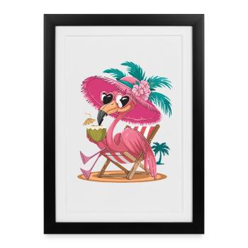 Relaxed flamingo on the beach with coconut - Framed poster (27 × 37 cm) - black - Front