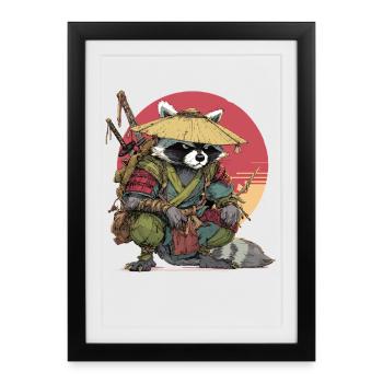 Samouraï raton laveur avec Chapeau de paille - Affiche encadrée (27 × 37 cm) - noir - Devant