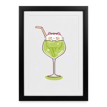 Gin chat, verre de gin boisson pour chat célébrer la fête - Affiche encadrée (27 × 37 cm) - noir - Devant
