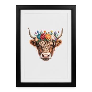 Vache à couronne de fleurs - Affiche encadrée (27 × 37 cm) - noir - Devant