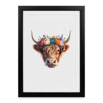 Vache avec couronne de fleurs - Affiche encadrée (27 × 37 cm) - noir - Devant