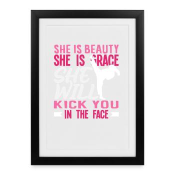 Karate Girl Beauty Grace Kicks In The Face - Framed poster (27 × 37 cm) - black - Front