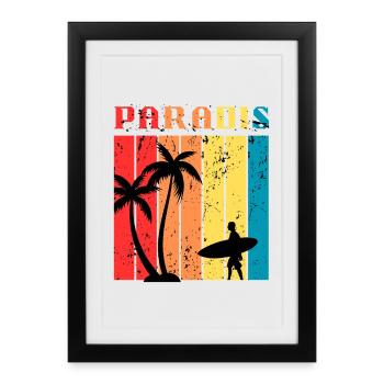 Paradise Surf été | Surf & Beach Retro Vintage - Affiche encadrée (27 × 37 cm) - noir - Devant