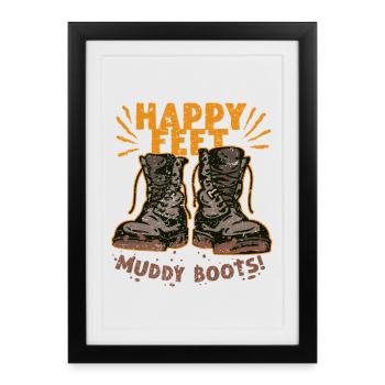 Journée de randonnée Randonnée Pieds heureux Bottes boueuses - Affiche encadrée (27 × 37 cm) - noir - Devant