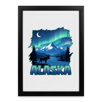 Alaska Lights Aurore borealis Observation de l’Alaskan - Affiche encadrée (27 × 37 cm) - noir - Devant