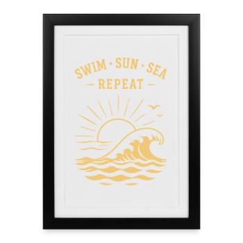 Nager Soleil Mer Répéter Vagues d’été Océan - Affiche encadrée (27 × 37 cm) - noir - Devant