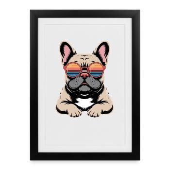 Bouledogue français avec lunettes de soleil rétro - Affiche encadrée (27 × 37 cm) - noir - Devant