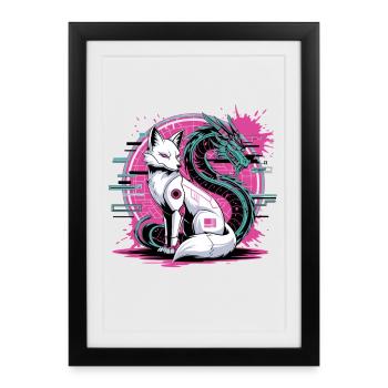 Cyberpunk Fox et Dragon Anime Gamer Otaku - Affiche encadrée (27 × 37 cm) - noir - Devant