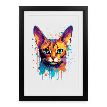 Splash Art coloré Visage de chat abyssin - Affiche encadrée (27 × 37 cm) - noir - Devant