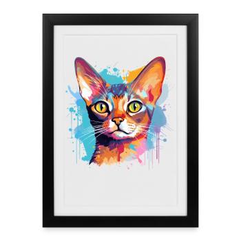 Visage de chat abyssinien avec des éclaboussures colorées - Affiche encadrée (27 × 37 cm) - noir - Devant