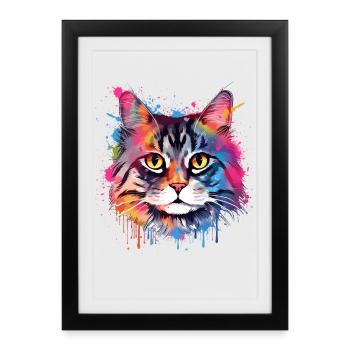 Art coloré éclaboussé Visage de chat américain à queue courte - Affiche encadrée (27 × 37 cm) - noir - Devant