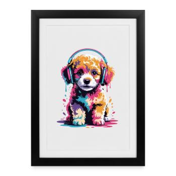 Chiot Maltipoo avec un casque - Affiche encadrée (27 × 37 cm) - noir - Devant