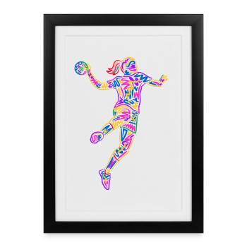Handball Joueuse de handball Joueuse colorée de handball - Affiche encadrée (27 × 37 cm) - noir - Devant