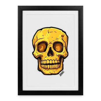 Dessin animé du Crâne Éclairé par le Soleil : Crâne Jaune Audacieux - Affiche encadrée (27 × 37 cm) - noir - Devant