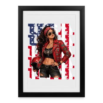 Femme Rockeuse Biker Rebelle USA avec un Crâne - Affiche encadrée (27 × 37 cm) - noir - Devant