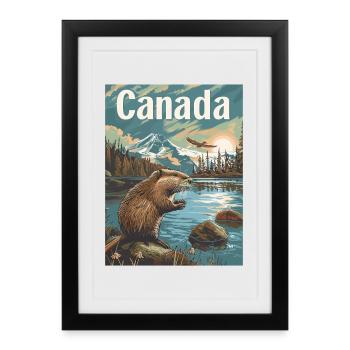 Merveilles naturelles du Canada Paysage au bord du lac avec des castors - Affiche encadrée (27 × 37 cm) - noir - Devant