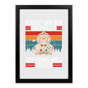 König will Zocken Controller - Gerahmtes Poster (27 × 37 cm) - Schwarz - Vorne