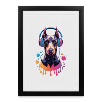 Doberman avec casque - Affiche encadrée (27 × 37 cm) - noir - Devant