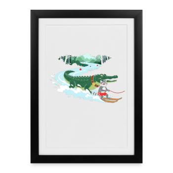 Crocodile Surfer and Cat Companion - Framed poster (27 × 37 cm) - black - Front