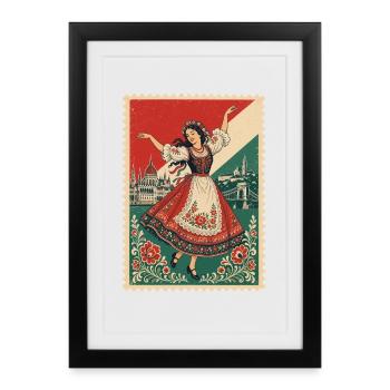 Vintage Hungarian Folk Dance Postage Stamp - Framed poster (27 × 37 cm) - black - Front