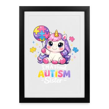 Autisme Sœur Fière Licorne Cadeau - Affiche encadrée (27 × 37 cm) - noir - Devant
