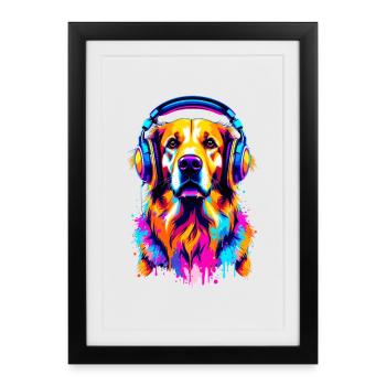 Golden Retriever avec des écouteurs - Affiche encadrée (27 × 37 cm) - noir - Devant